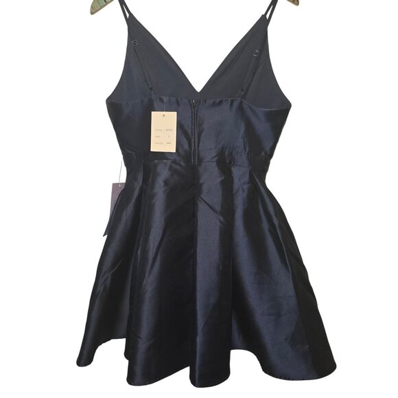 Maniju Women's Navy High Sheen Pocket Mini A-line Flair Dress, NWT, Sz. L - Picture 3 of 6